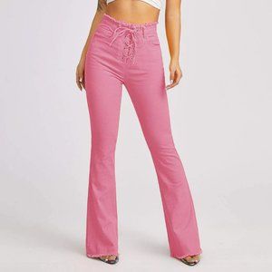 Pink Lace Up High Waisted Jeans